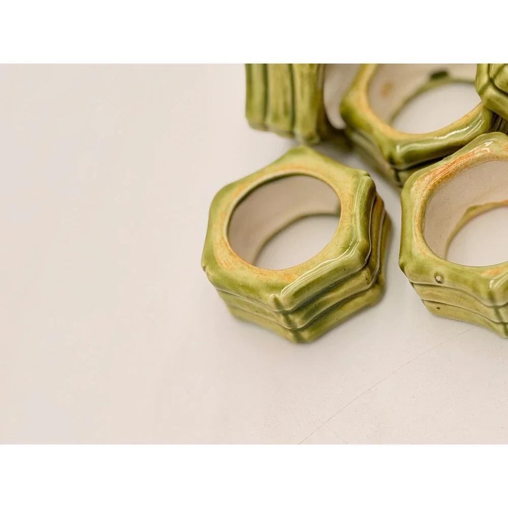 Vintage Green Faux Bamboo Ceramic Napkin Rings Set  5 Hexagon Chinoiserie Glazed